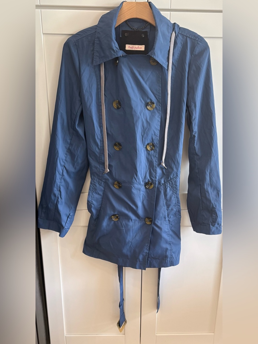 fresh produce Blue Double-Breasted Hooded Trench Coat
